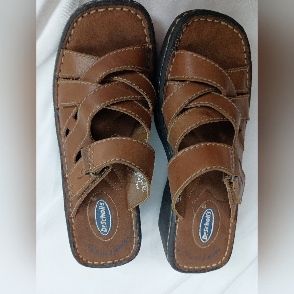 Dr. Scholl's Brown Leather Slip On Sandals Multi-Strap Design (#6)